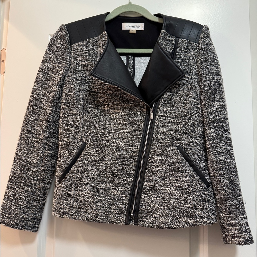 Calvin Klein - tweed faux leather full-zip moto jacket